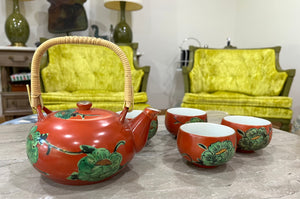 Vintage Takahashi Orange With Green Flowers Teapot Set (4 Cups)
