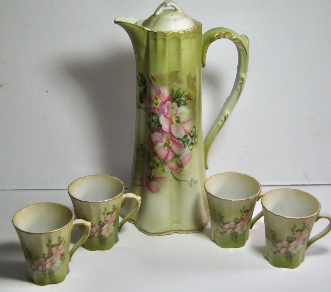 Nippon Chocolate or Coffee Pot and 4 Cups Dogwood Flowers Green, Pink