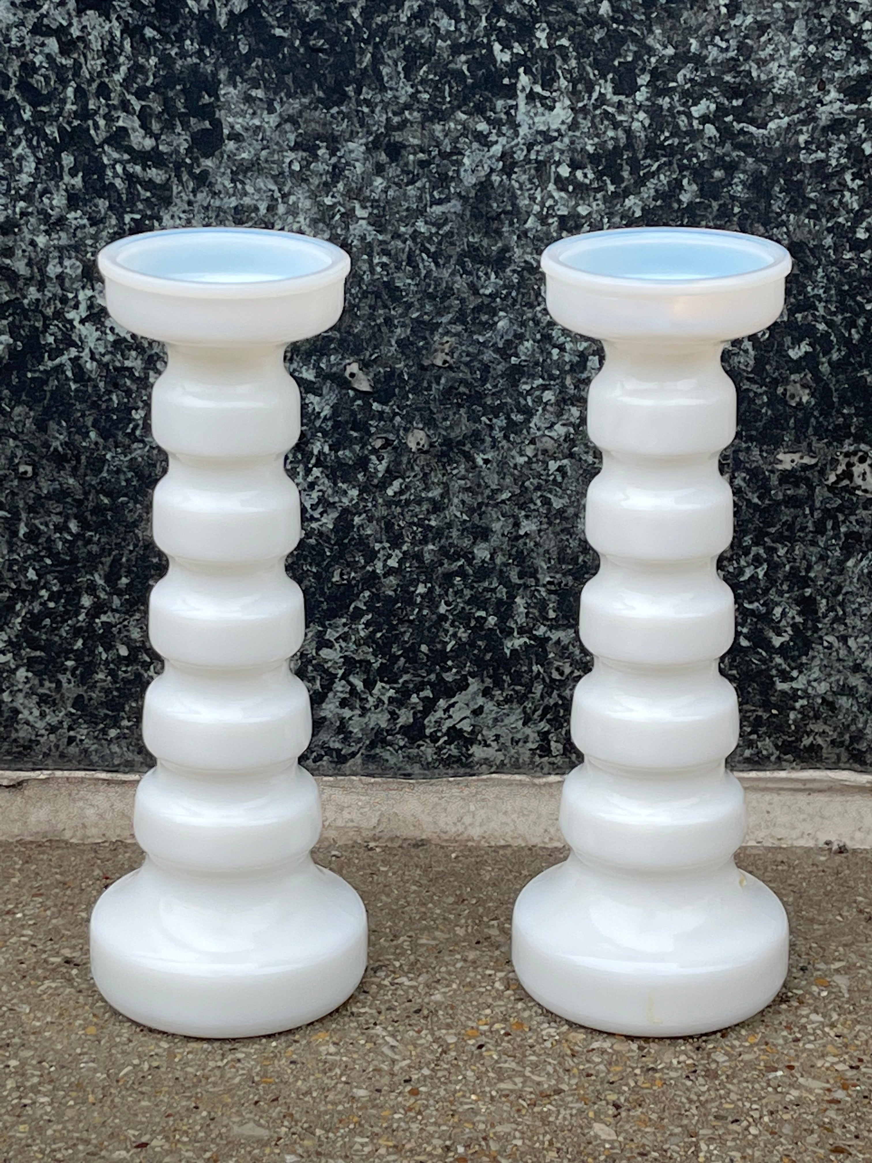 Vintage Anchor Hocking White Milk Glass Pillar Candle Holders 8.5" Set of Two