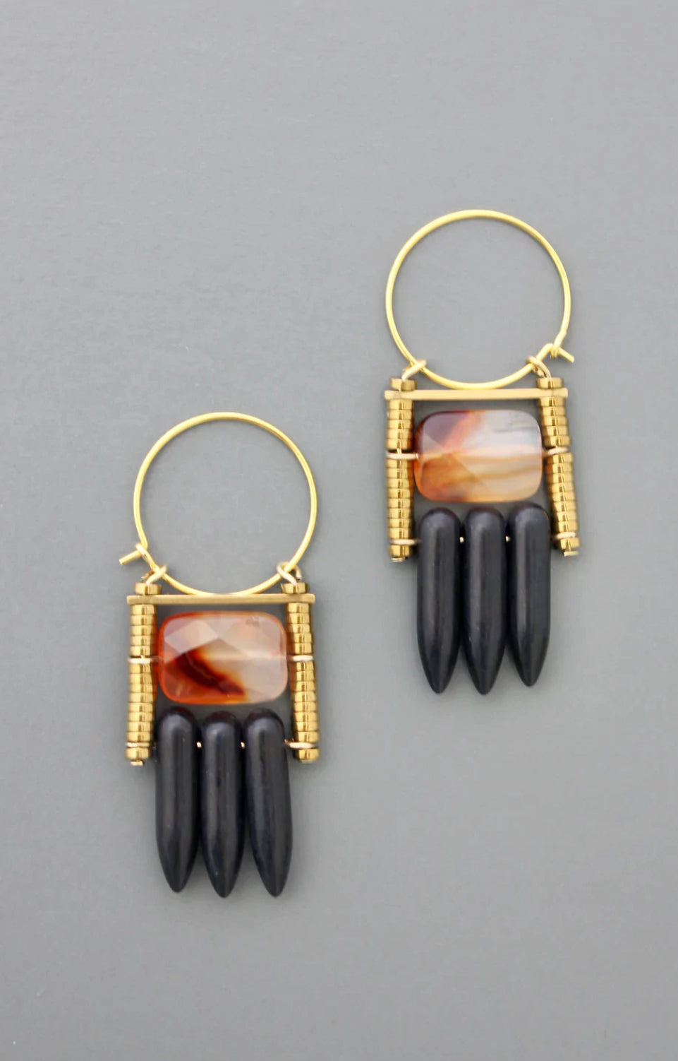 Carnelian & black spike hoop earrings