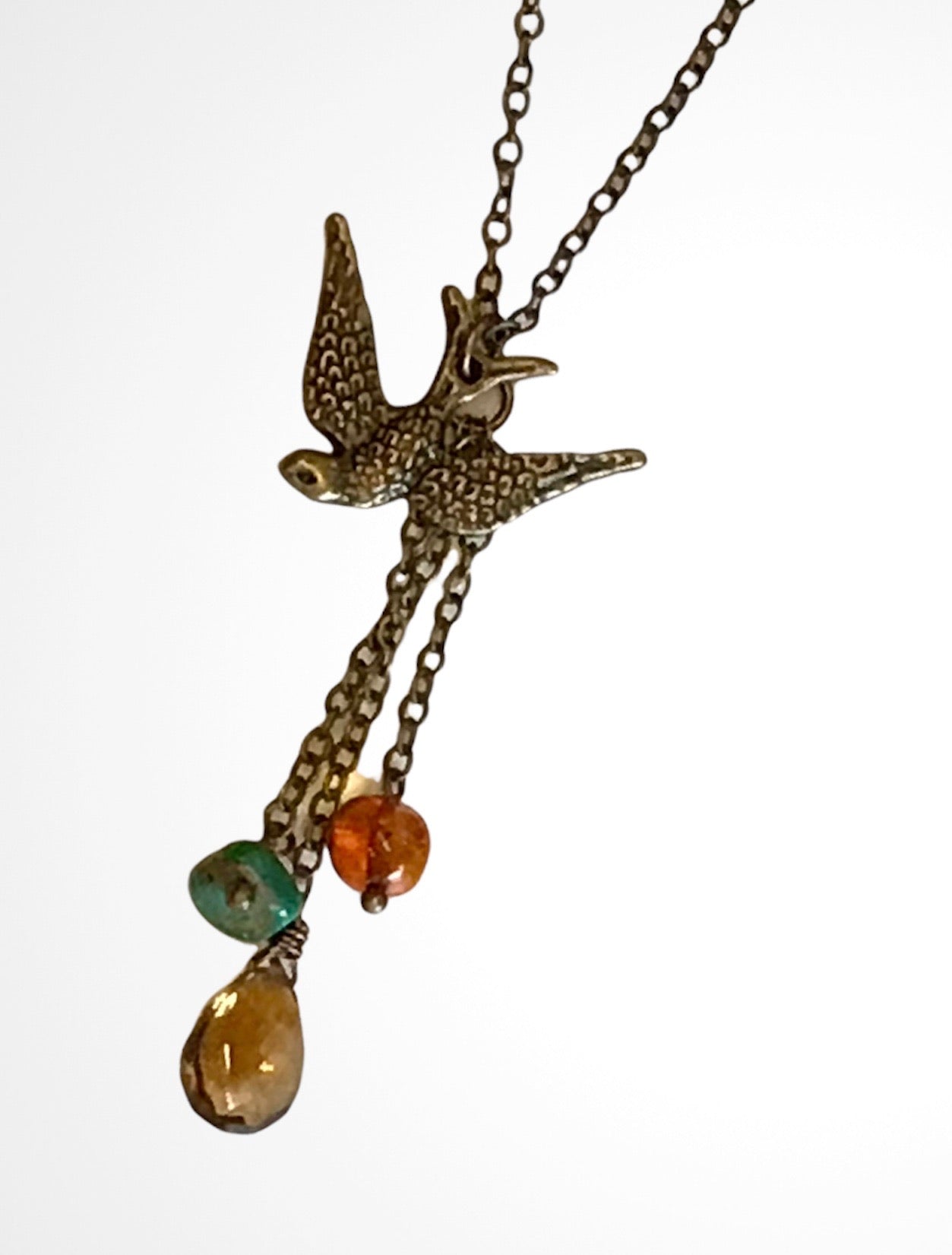 Bird withStreaming Beer Quartz Amber & Turquoise Necklace