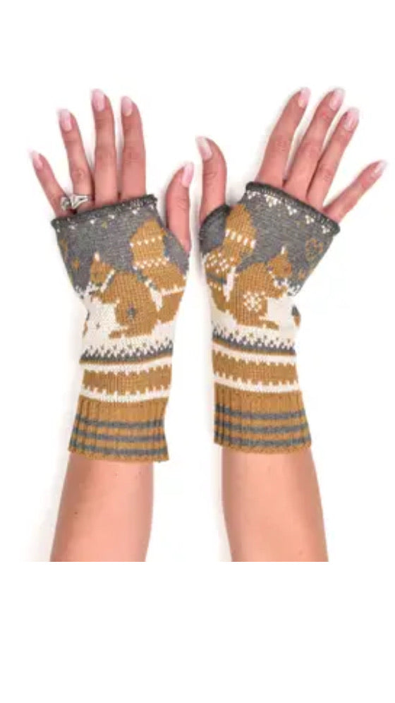 Womens Recycled Cotton Hand Warmer Fingerless Glove-Squirrel