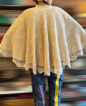 Vintage 60s Crocheted Cream Knit Shawl Poncho  Free Size