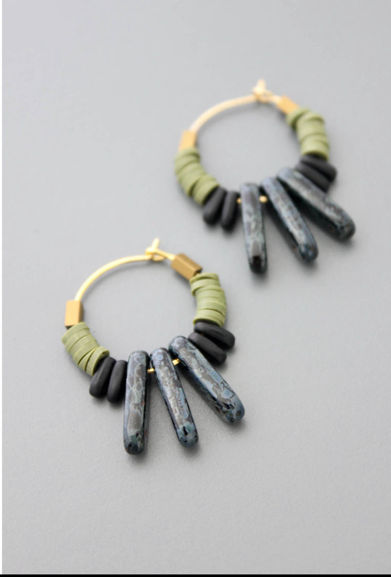 Small green & black hoop earrings