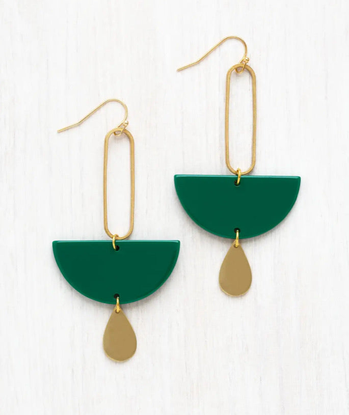 Modern Green and Brass Dangle Earrings