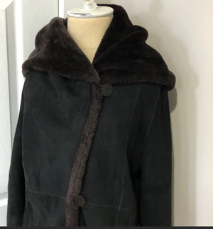 Blue Duck Black and Brown Slim Fitted Hooded Shearling Coat