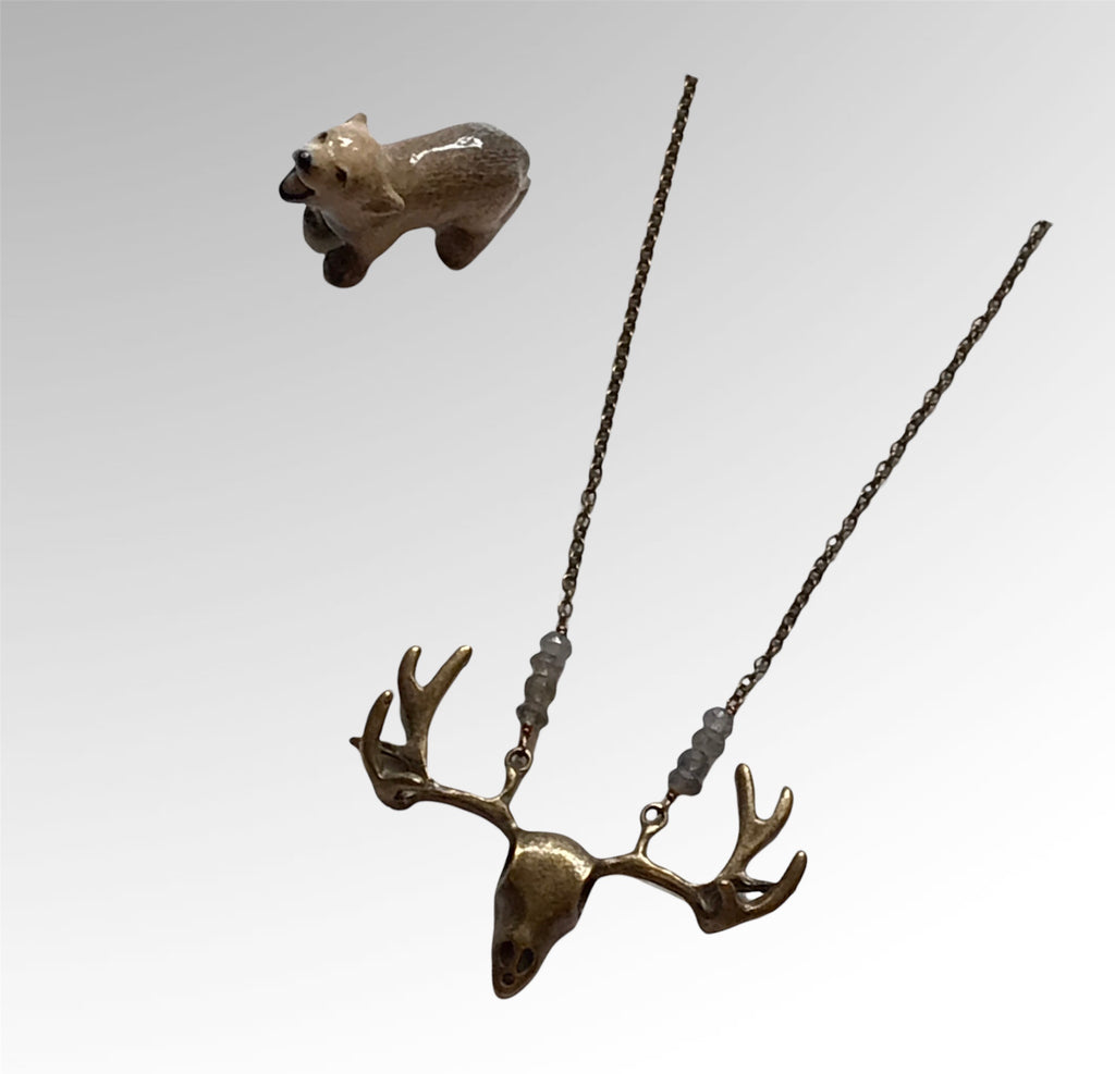 Labradorite Deer Skull Charm Necklace