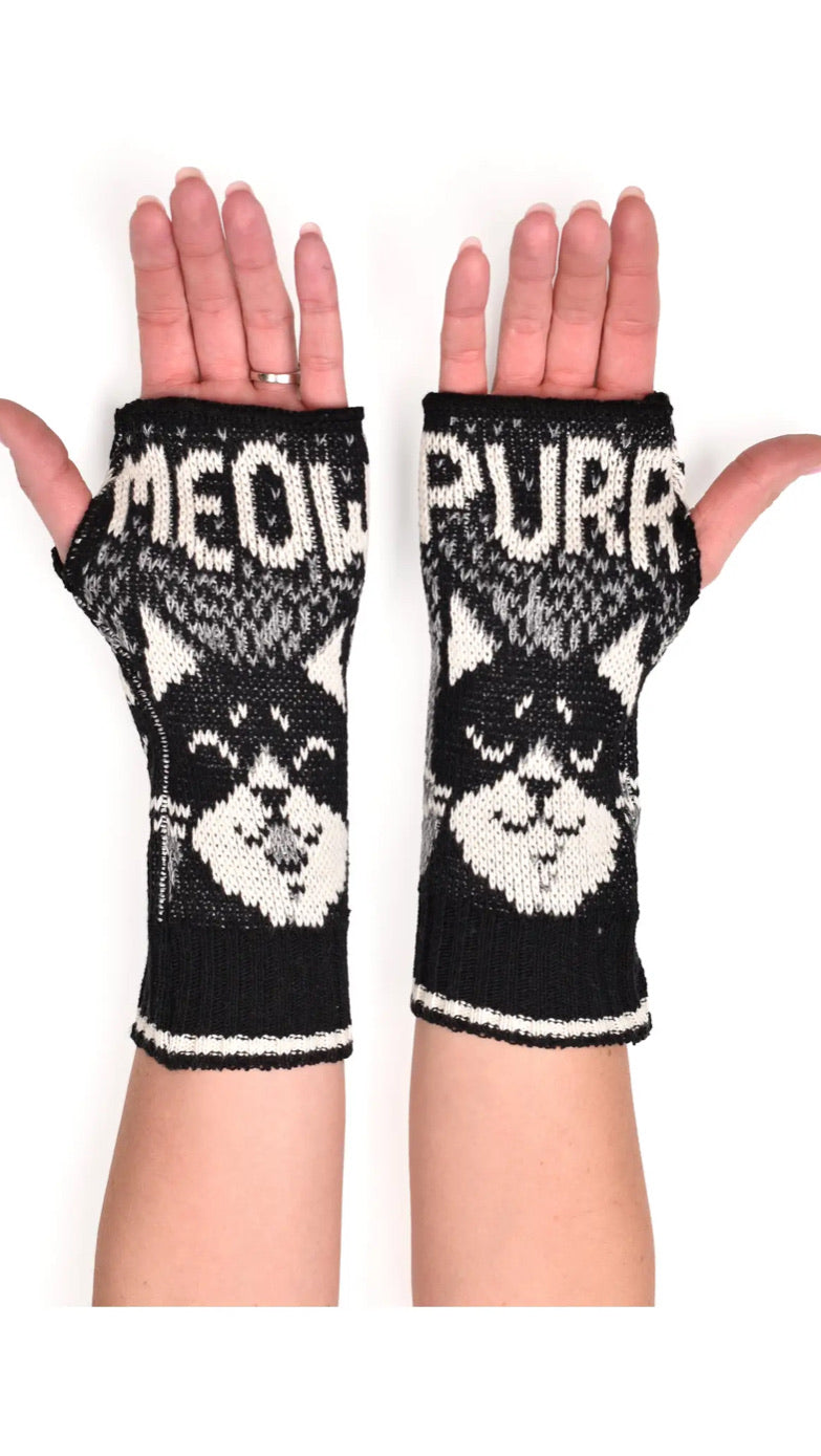 Women's Recycled Hand Warmer Fingerless Gloves - Tuxedo Cat