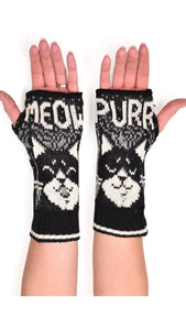Women's Recycled Hand Warmer Fingerless Gloves - Tuxedo Cat